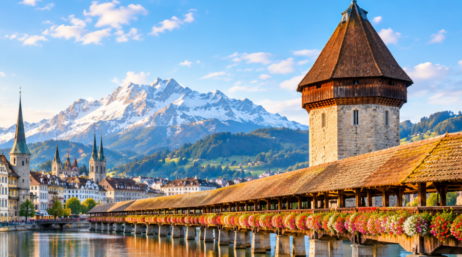 Chapel Bridge and Water Tower in Lucerne, Switzerland, with flower-lined railings, a swan on the river, and snow-capped mountains at sunrise.