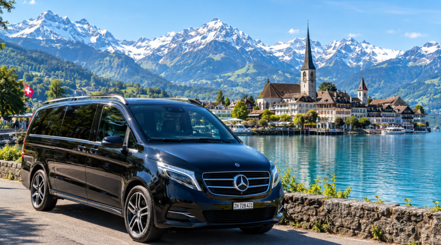 Private Mercedes V-Class touring through a spring alpine valley with Swiss chalets and snow-capped mountains on the 10-Day Swiss Spring Tour.