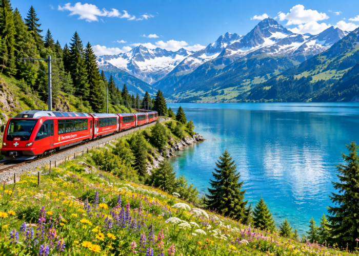Cogwheel train descends Mount Pilatus with sweeping views over Lake Lucerne.