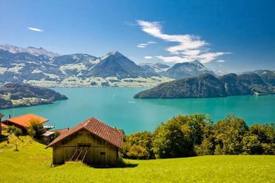 Panoramic mountain landscape overlooking Lake Lucerne from the peak of Mount Stanserhorn
