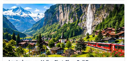 Waterfalls cascade over cliffs above Lauterbrunnen Valley's chalets and a passing scenic train.
